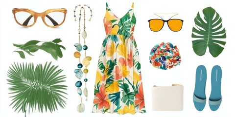 Wall Mural - Floral dress, sunglasses, sandals, jewelry and leaves.