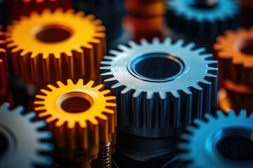 Poster - Colorful metallic gears interlocking representing teamwork and collaboration