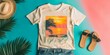 © jambulart - Summery clothing and accessories with palm tree and sunset.