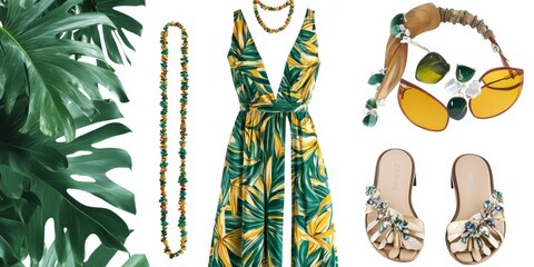 Wall Mural - Tropical-themed outfit with necklace, dress, sandals, and sunglasses.