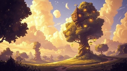 Poster -   A treehouse in a green field with a path leading to it