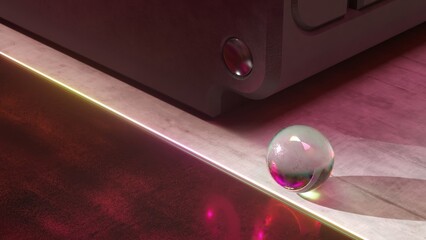 A transparent sphere next to a neon-lit surface on a colorful floor, creating vivid reflections and artistic shadows.