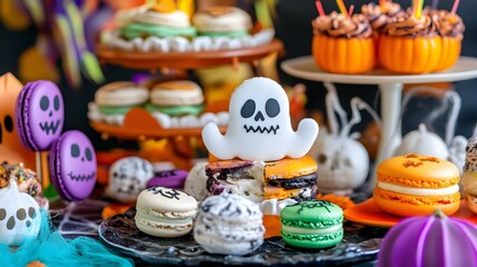 A Creative Halloween Dessert Table Featuring Spooky Treats from Around the World Including Ghost-Shaped French Macarons, Vibrant Colors, Photorealistic Presentation of Cultural Fusion and Festive Joy