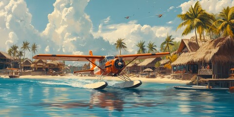 Wall Mural - Seaplane landing on tropical island beach.