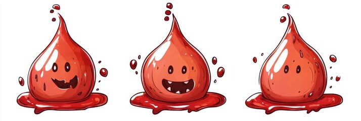 Cute Halloween blood drops with faces and splashes on a white background for festive designs