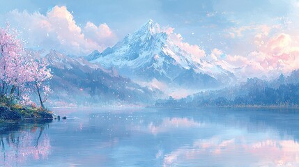 Canvas Print -   A picture of majestic mountains with a serene lake in front and lush trees surrounding it, all set against the backdrop of fluffy clouds