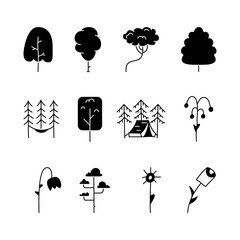 Wall Mural - Minimalist silhouette tree icons collection. Line art trees. Stock linear nature symbols set