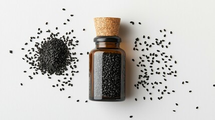 Wall Mural - Black sesame seed extract in a vial with black sesame seeds, on a simple white background.