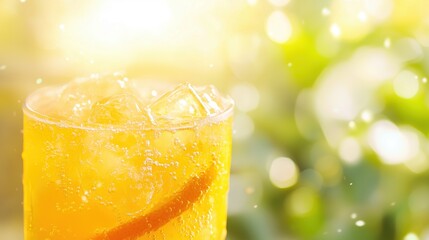 Bright and fizzy orange soda in a glass with ice cubes bubbles rising on a sunny summer day