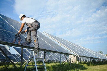 Wall Mural - Portrait of handsome Indian worker near solar panels