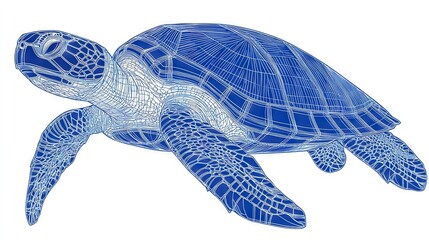 Wall Mural -   A sea turtle in blue and white, with lines on its shell