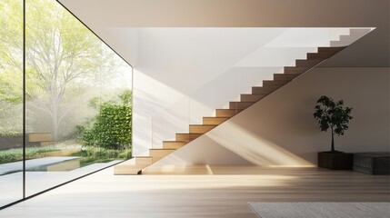 A modern staircase with glass railings and wooden steps, leading to a minimalist living space filled with natural light.