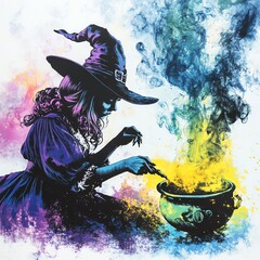 A retro witch brewing a potion, 70s Halloween theme, with psychedelic smoke, isolated on white background