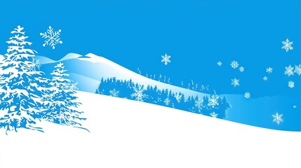 Poster -   A blue-white background features snowflakes and a pine tree in front of a majestic mountain