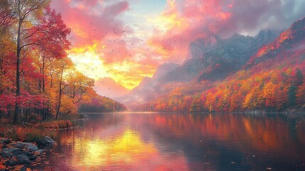Wall Mural - a stunning sunset over lake xyz features a majestic flock of birds soaring through the water the bac