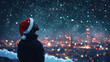 © CQSP - Contemplative Black Man in Santa Hat on Snowy Rooftop Under Christmas Eve Sky - Peaceful Holiday Scene of Hope and Magic
