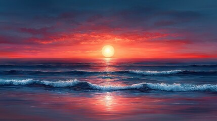 Canvas Print -   Painting of a sunset over water, with a wave approaching the shore and a distant sun