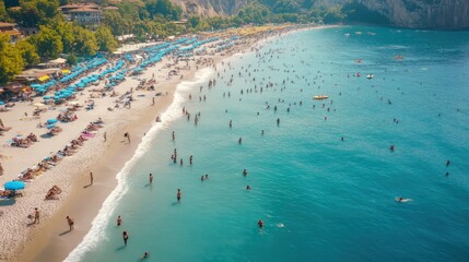 summertime coast of Alanya, Turkish Mediterranean Sea, crowded beach hotels, aerial view