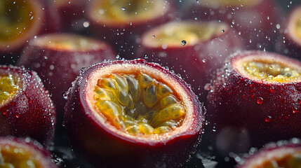 Wall Mural - Fresh ripe passion fruits and a half with leaves isolated on dark background. tropical fruit maracuja. ackground for food commercial