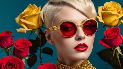 illustration, a woman with short, sleek blonde hair. futuristic vibrant red sunglasses design of yellow roses that wrap around the side of her head