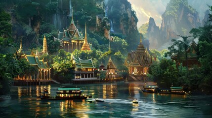 Canvas Print - Serene Riverfront Temple in Lush Mountain Valley