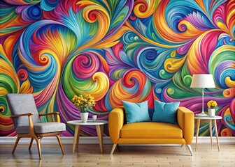 Vibrant, abstract wallpaper design featuring swirling shapes and bold colors, adding a dynamic pop of artistry to any room's décor.