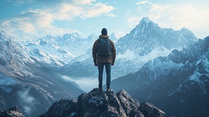 Hiker contemplates majestic misty mountains