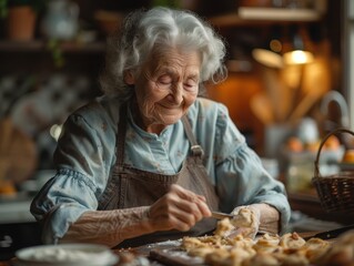 An elderly woman happily baking in a warm kitchen, creating delicious pastries with joy and skill.