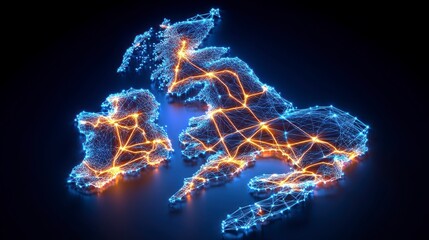 digital connectivity, glowing network map of the united kingdom and ireland, advanced communication