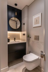 Wall Mural - A photo of the modern bathroom in an apartment, white walls with light gray tiles on floor and wall, one black cabinet under sink, toilet is integrated into flooring, 