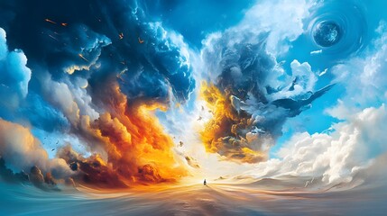 Wall Mural - Surreal Landscape with Clouds and a Single Figure.