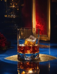 a glass of whiskey with ice and splashes. Golden sparkles background. ai generative