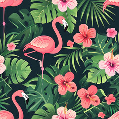 Wall Mural - Seamless cartoon pattern of flamingoes in bright pink against a background of tropical leaves.