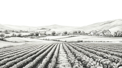 Black and white sketch of rural farm landscape