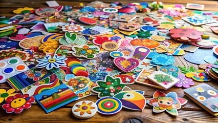 Vibrant colorful stickers in various shapes and sizes overflow from a worn wooden table, surrounded by artistic supplies and scraps of paper.