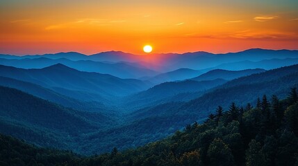 Poster -   The sun sets behind distant mountains as trees frame the foreground