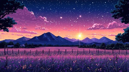 Poster -   A sunset painting with majestic mountains, lush flowers, and a sturdy fence in the foreground