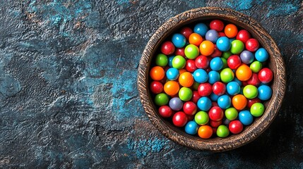 Poster -   A wooden bowl brimming with candies rests atop a blue stone floor, accompanied by a cup overflowing with vibrant candy