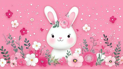 Wall Mural -  White rabbit on pink background with pink flowers and daisies, adorned with a pink bow