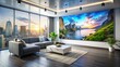 © Adisorn - Vibrant colors dance across a modern room's white wall as a sleek projector casts a sharp, detailed image, illuminating the surrounding space.