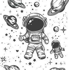 Wall Mural - charcoal doodle scribble of an astronaut in outer space with planets stars and cosmos vintage retro 