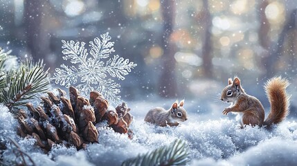 Poster -   A group of squirrels stand in snow, surrounded by pine cones and a snowflake in the background