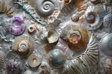 Wall Mural - Macro photo of shells arranged on a table surface