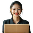 © Iftikhar alam - A cheerful young woman holds a delivery box in an inviting indoor space filled with greenery, Delivery and shipment service concept. Happy young Asian business woman