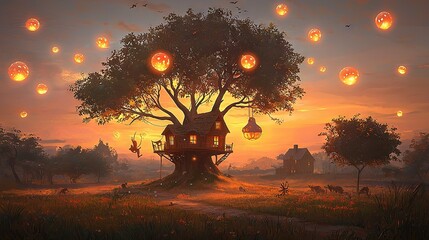 Poster -   A treehouse painting in a field with numerous lanterns dangling