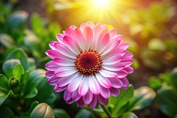 Wall Mural - Bird's eye view of pink and white flowers under the sun shining