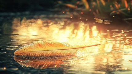 Wall Mural -   A yellow feather floats atop the water, alongside grass and a butterfly