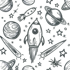Wall Mural - charcoal doodle scribble seamless pattern space rockets planets stars and galaxies perfect for kids 