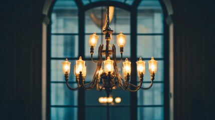 Poster - Wide shot of a contemporary room with a stylish chandelier featuring multiple light bulbs, casting a bright and elegant light over the space.