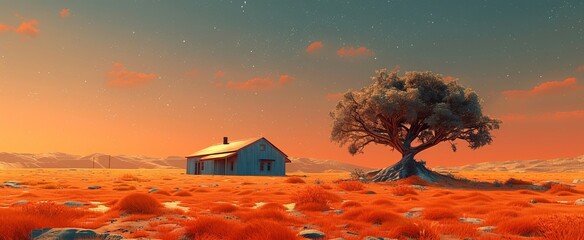 Wall Mural - A tranquil scene showcases a quaint house beside a majestic tree, surrounded by vibrant orange grass under a stunning sunset sky, creating a peaceful atmosphere